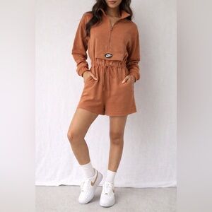 Nike Sportswear Romper Small Rust Brown Quarter Zip Drawstring Waist LogoShorts